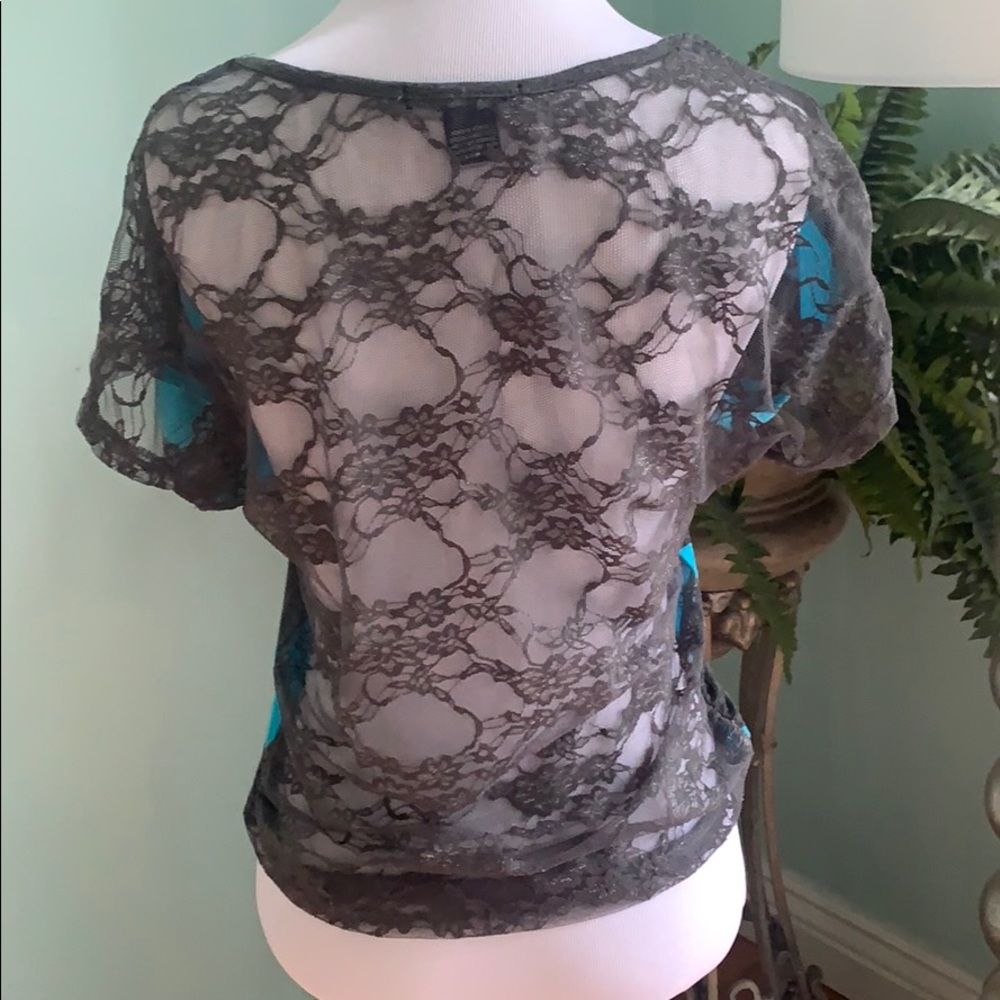 Gray and Turquoise Striped Juniors Top Lace Back - Picture 2 of 2